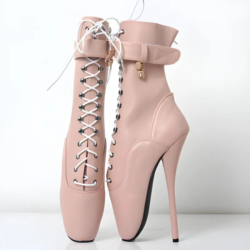 Extreme High-heeled Lace-up Ankle Boots in Black Leather