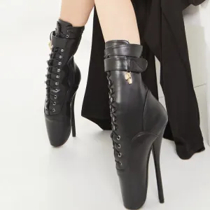 Extreme High-heeled Lace-up Ankle Boots in Black Leather