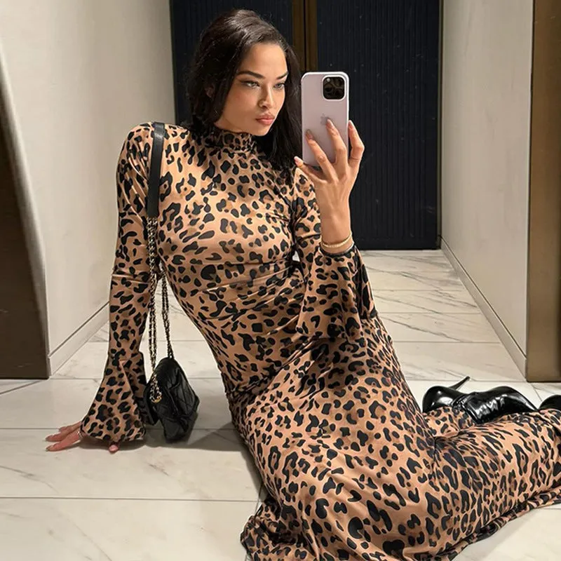 GBOLSOS Cross-border 2025 women's clothing autumn and winter new high-necked horn long-sleeved leopard print long slim-fitting hip-wrapped dress women