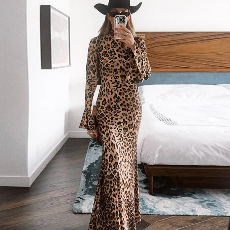 GBOLSOS Cross-border 2025 women's clothing autumn and winter new high-necked horn long-sleeved leopard print long slim-fitting hip-wrapped dress women