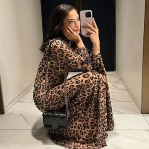 GBOLSOS Cross-border 2025 women's clothing autumn and winter new high-necked horn long-sleeved leopard print long slim-fitting hip-wrapped dress women