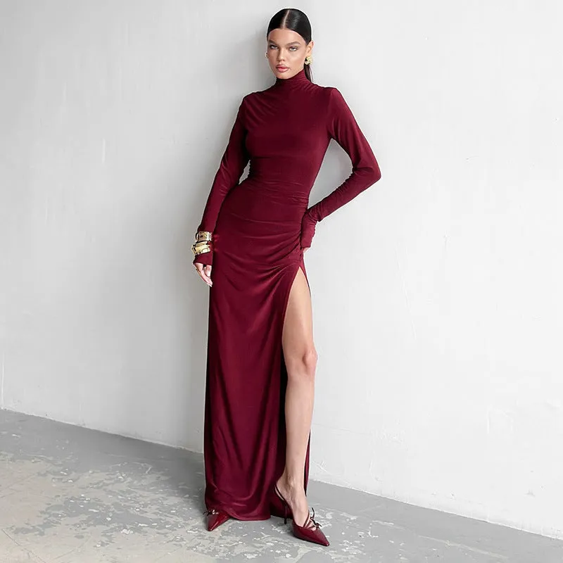 GBOLSOS Cross-border wholesale autumn and winter new 2025 women's clothing solid color turtleneck long-sleeved temperament slim-fitting pleated split-ended dress women