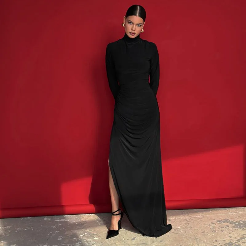 GBOLSOS Cross-border wholesale autumn and winter new 2025 women's clothing solid color turtleneck long-sleeved temperament slim-fitting pleated split-ended dress women