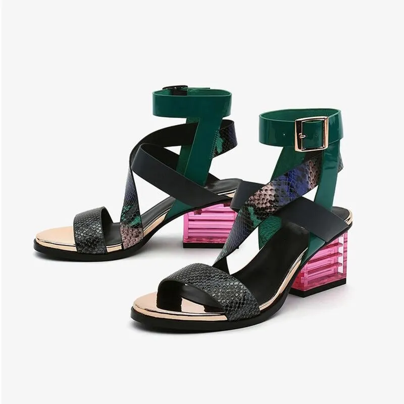 Genuine Cowhide Gladiator Sandals with Colorful Clear Heel