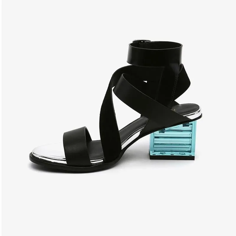 Genuine Cowhide Gladiator Sandals with Colorful Clear Heel