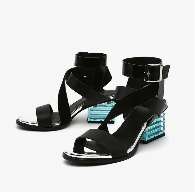 Genuine Cowhide Gladiator Sandals with Colorful Clear Heel