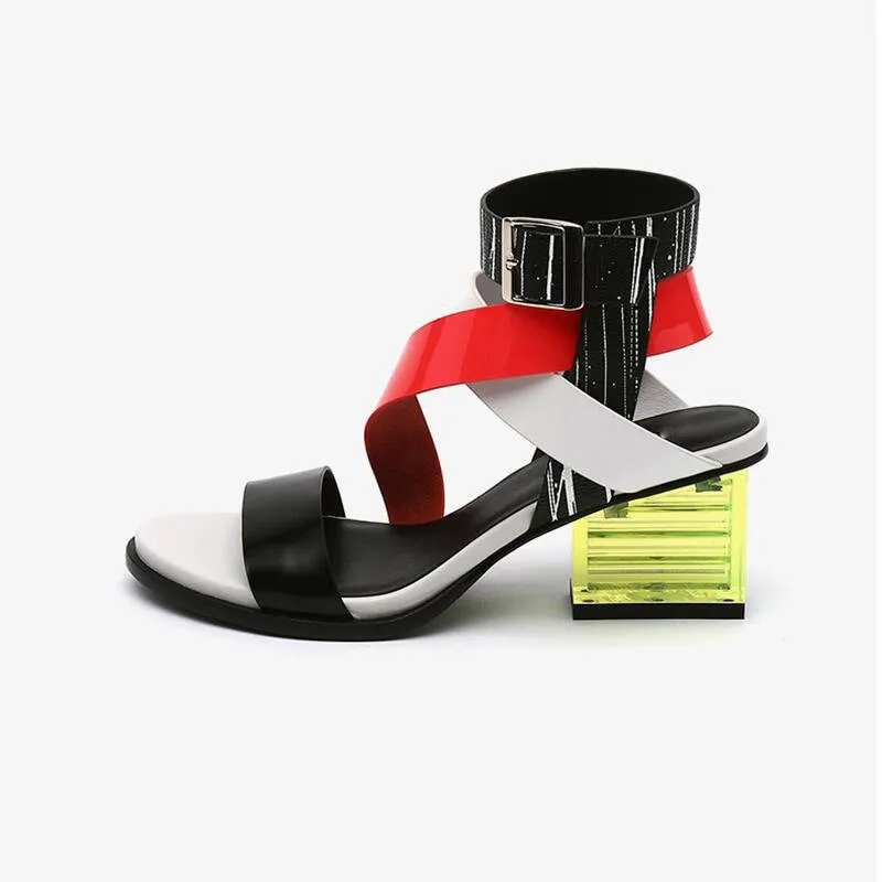 Genuine Cowhide Gladiator Sandals with Colorful Clear Heel
