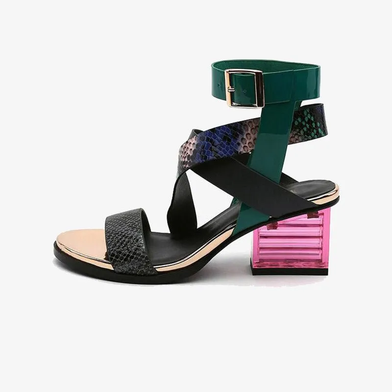 Genuine Cowhide Gladiator Sandals with Colorful Clear Heel