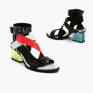 Genuine Cowhide Gladiator Sandals with Colorful Clear Heel