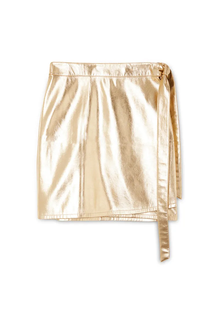 Gold Vegan Leather Mini Wrap Skirt Petite