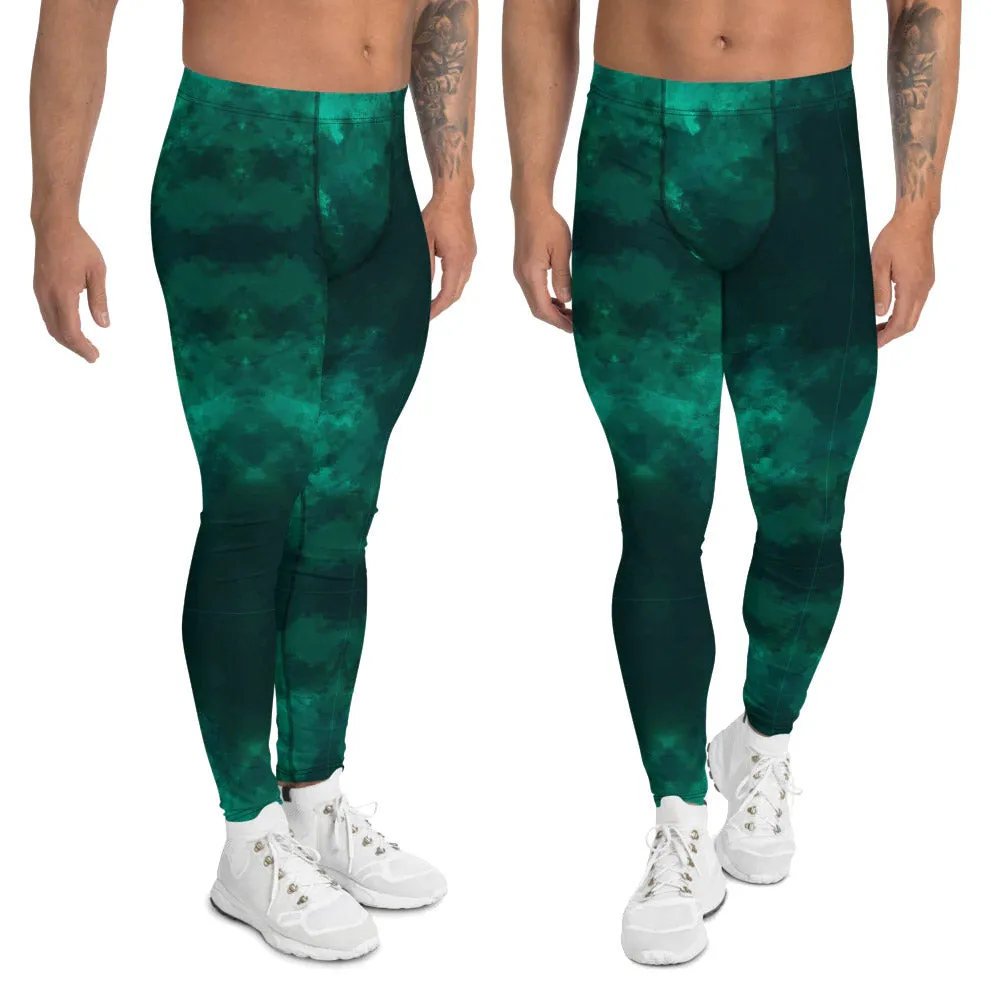 Green Abstract Men's Leggings, Gradient Meggings Men Compression Tights-Made in USA/EU