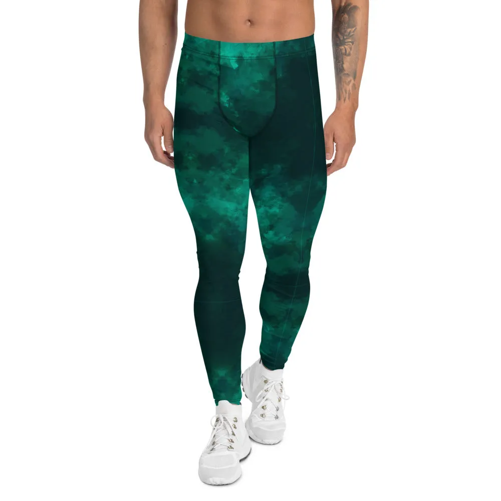 Green Abstract Men's Leggings, Gradient Meggings Men Compression Tights-Made in USA/EU