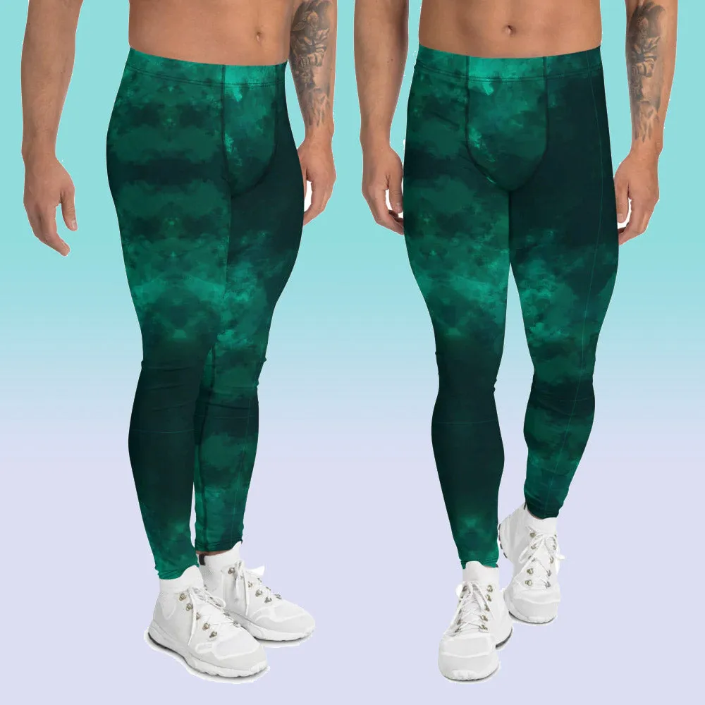 Green Abstract Men's Leggings, Gradient Meggings Men Compression Tights-Made in USA/EU