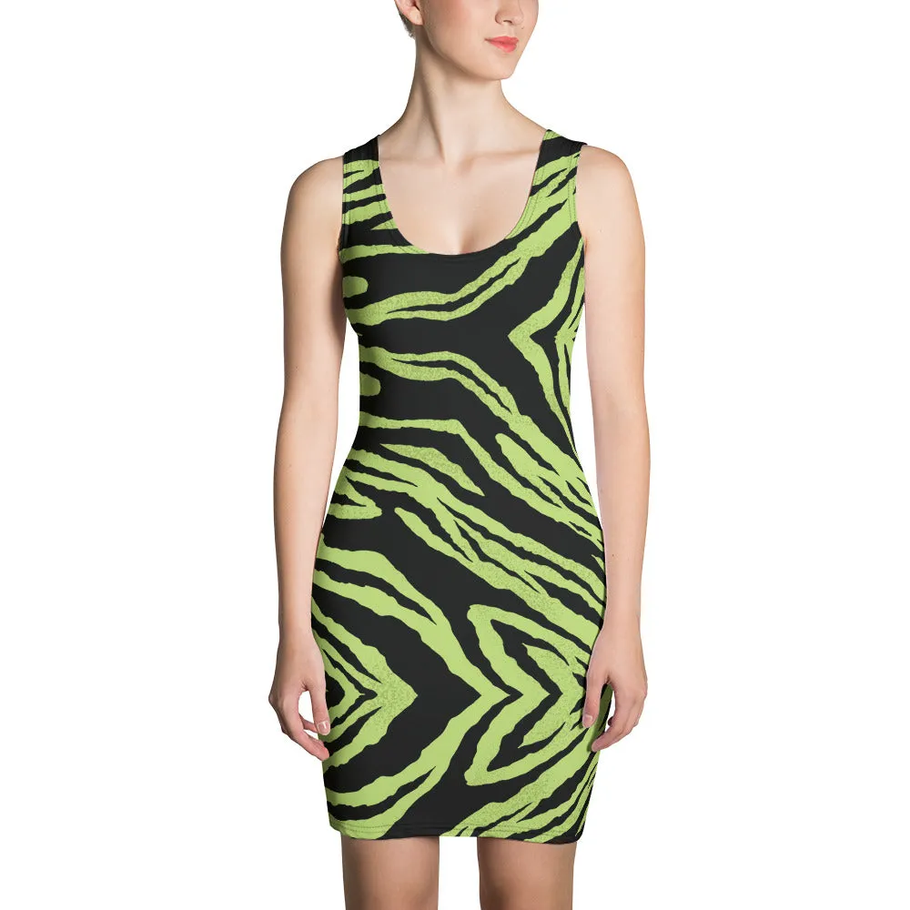 Green Tiger Stripe Women's Dress, Sexy 1-piece Sleeveless Best Party Dress-Made in USA/EU