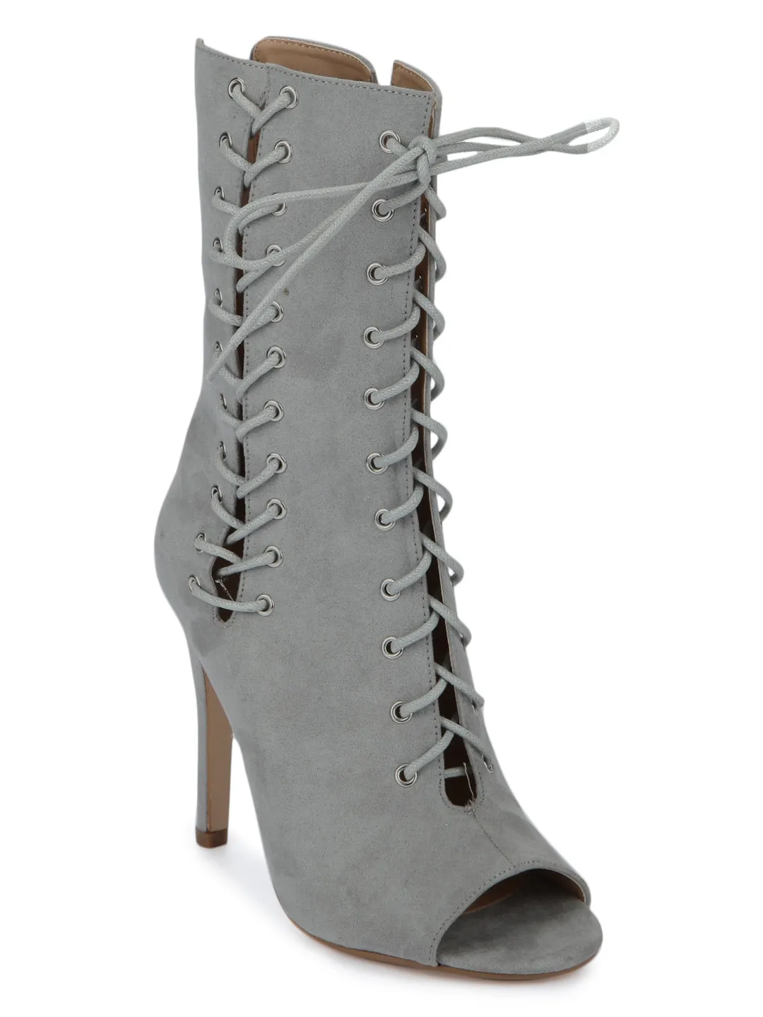 Grey Micro Lace-Up Open Toe Stilettos