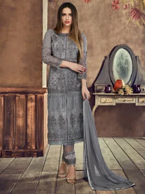 Grey Minimalist Embroidered Pant Suit