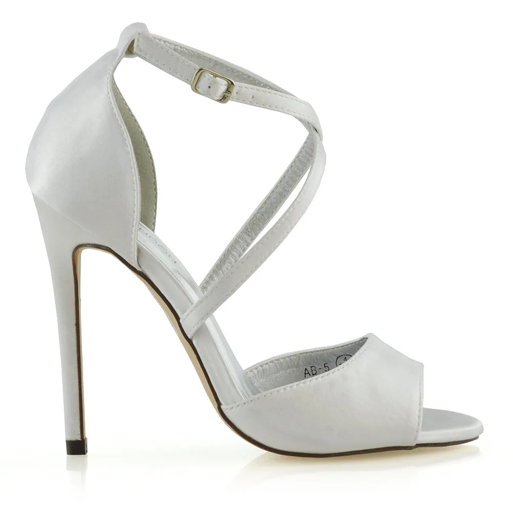Gwen Cross Over Strappy Peep Toe Stiletto High Heel Bridal Shoes In White Satin