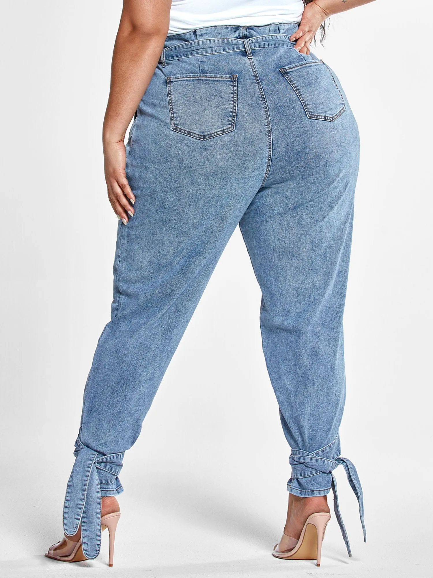 High Rise Paperbag Waist Jeans with Ankle Ties - Short Inseam