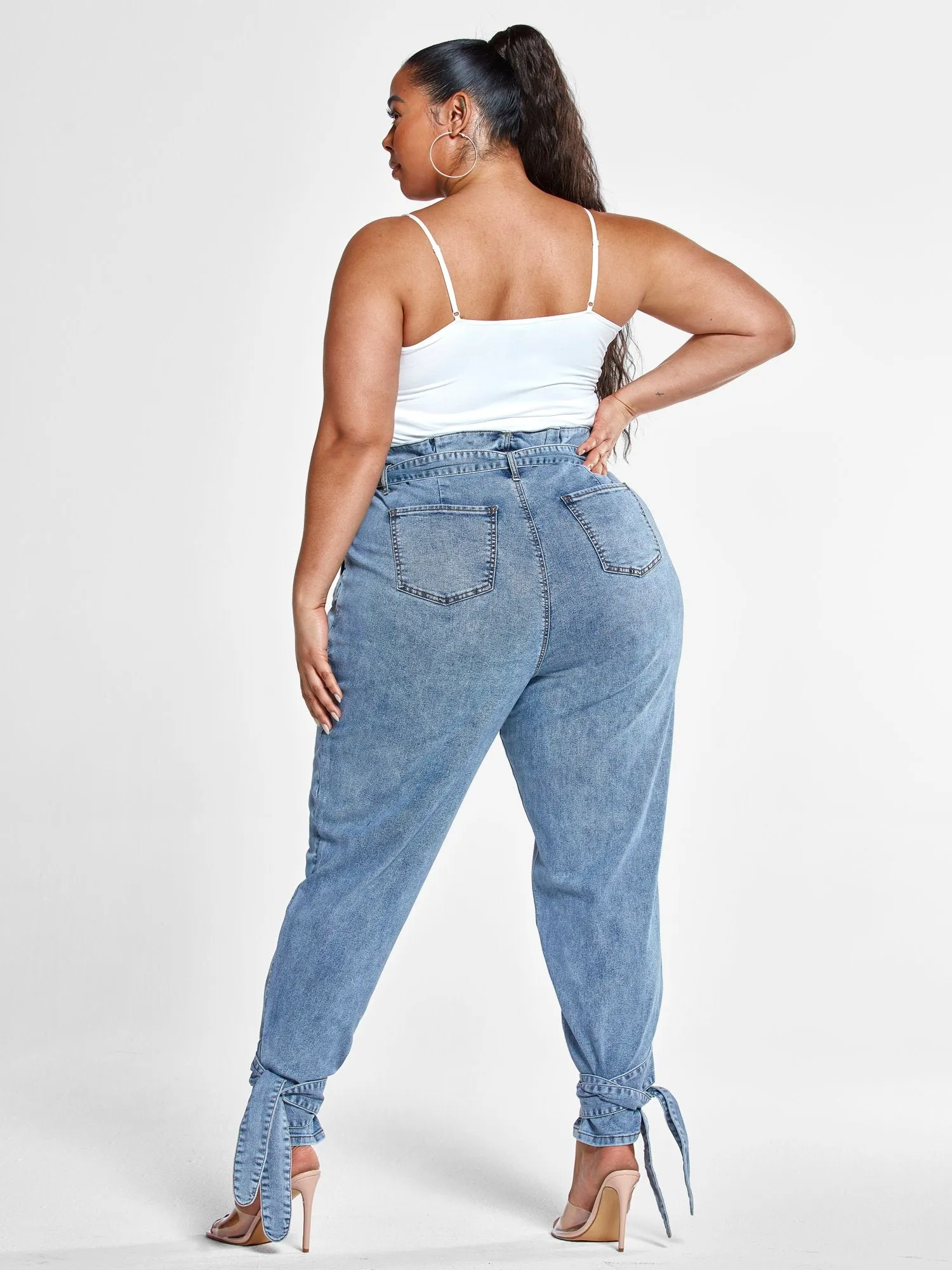 High Rise Paperbag Waist Jeans with Ankle Ties - Short Inseam