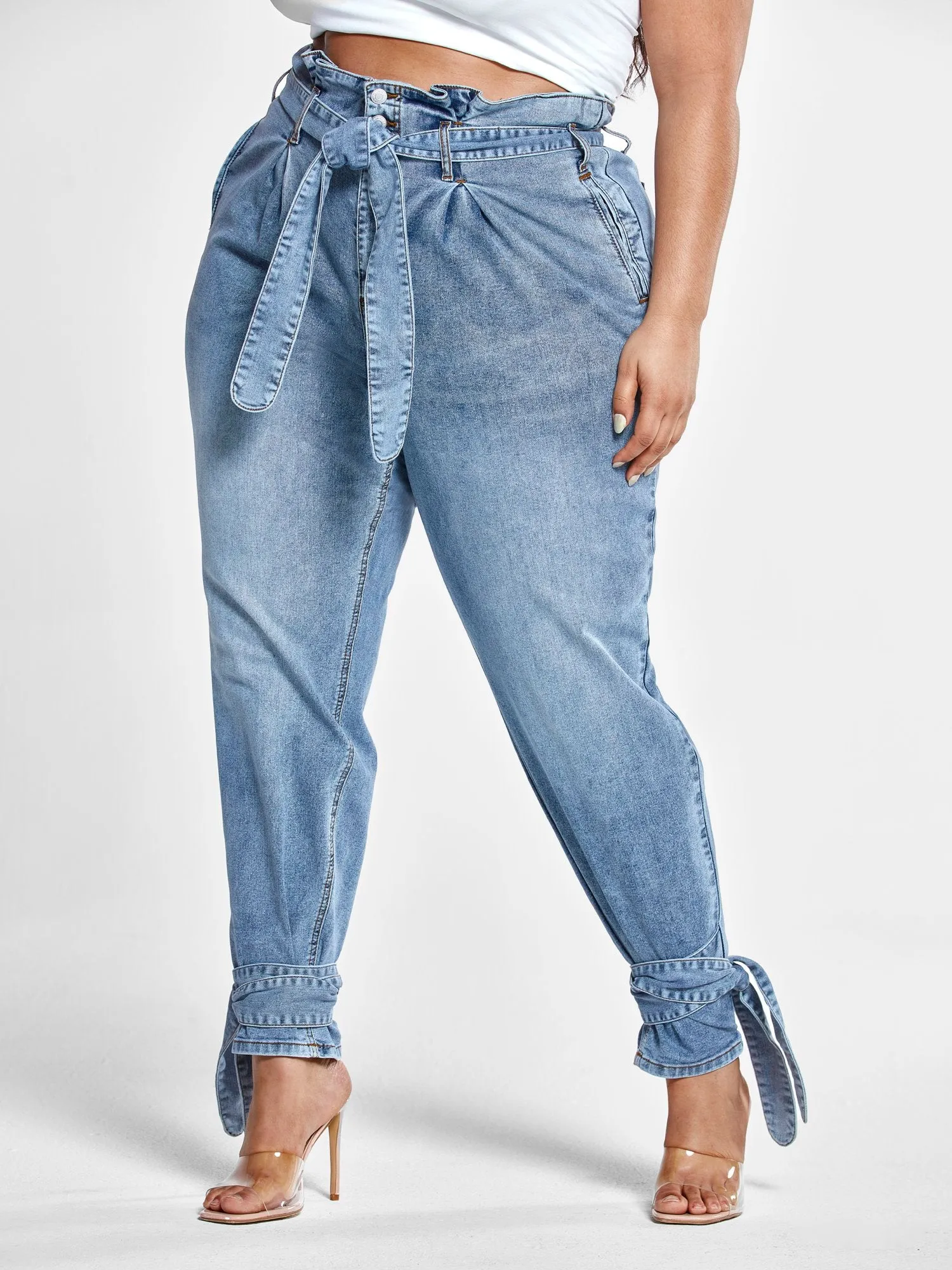 High Rise Paperbag Waist Jeans with Ankle Ties - Short Inseam