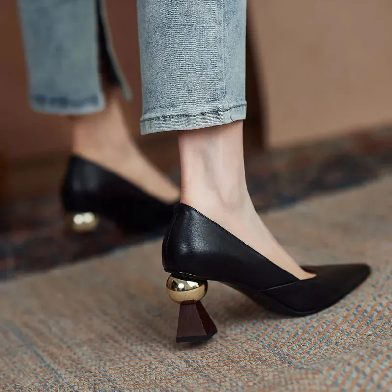 Hnzxzm Handmade Leather Women Pumps Sexy Pointed Toe Chic Stylish Office Working Shoes Strange High Heel Stilettos Black Dress Shoes