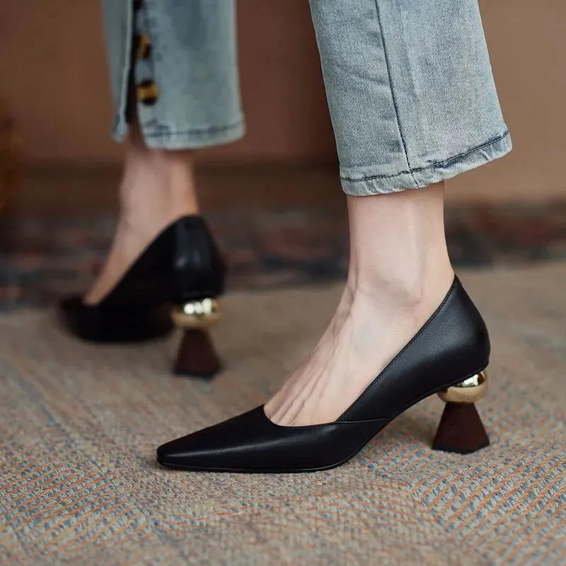 Hnzxzm Handmade Leather Women Pumps Sexy Pointed Toe Chic Stylish Office Working Shoes Strange High Heel Stilettos Black Dress Shoes