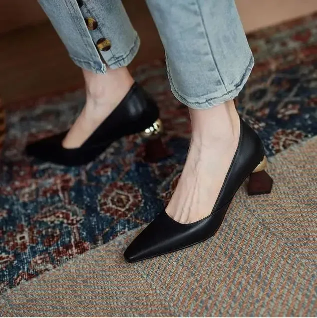 Hnzxzm Handmade Leather Women Pumps Sexy Pointed Toe Chic Stylish Office Working Shoes Strange High Heel Stilettos Black Dress Shoes