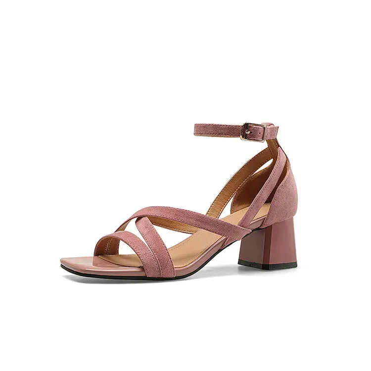 Hnzxzm New Summer Sandals Sheep Suede Square Toe Chunky Heels Fashion Gladiator Shoes for Women Zapatos Mujer High Heels Ladies Shoes