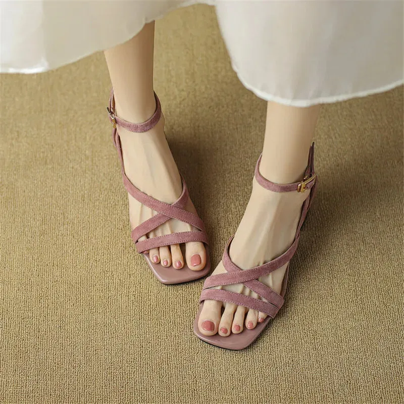 Hnzxzm New Summer Sandals Sheep Suede Square Toe Chunky Heels Fashion Gladiator Shoes for Women Zapatos Mujer High Heels Ladies Shoes