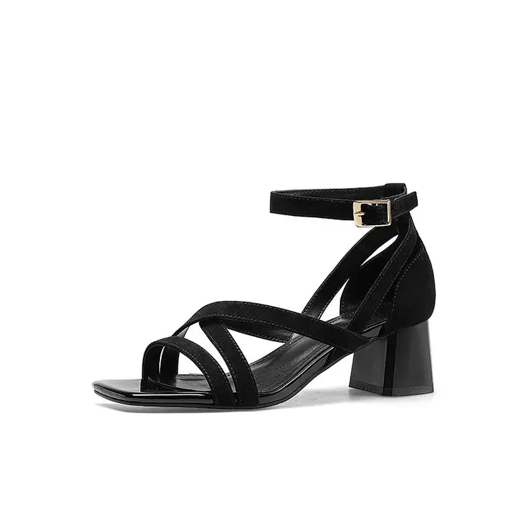 Hnzxzm New Summer Sandals Sheep Suede Square Toe Chunky Heels Fashion Gladiator Shoes for Women Zapatos Mujer High Heels Ladies Shoes