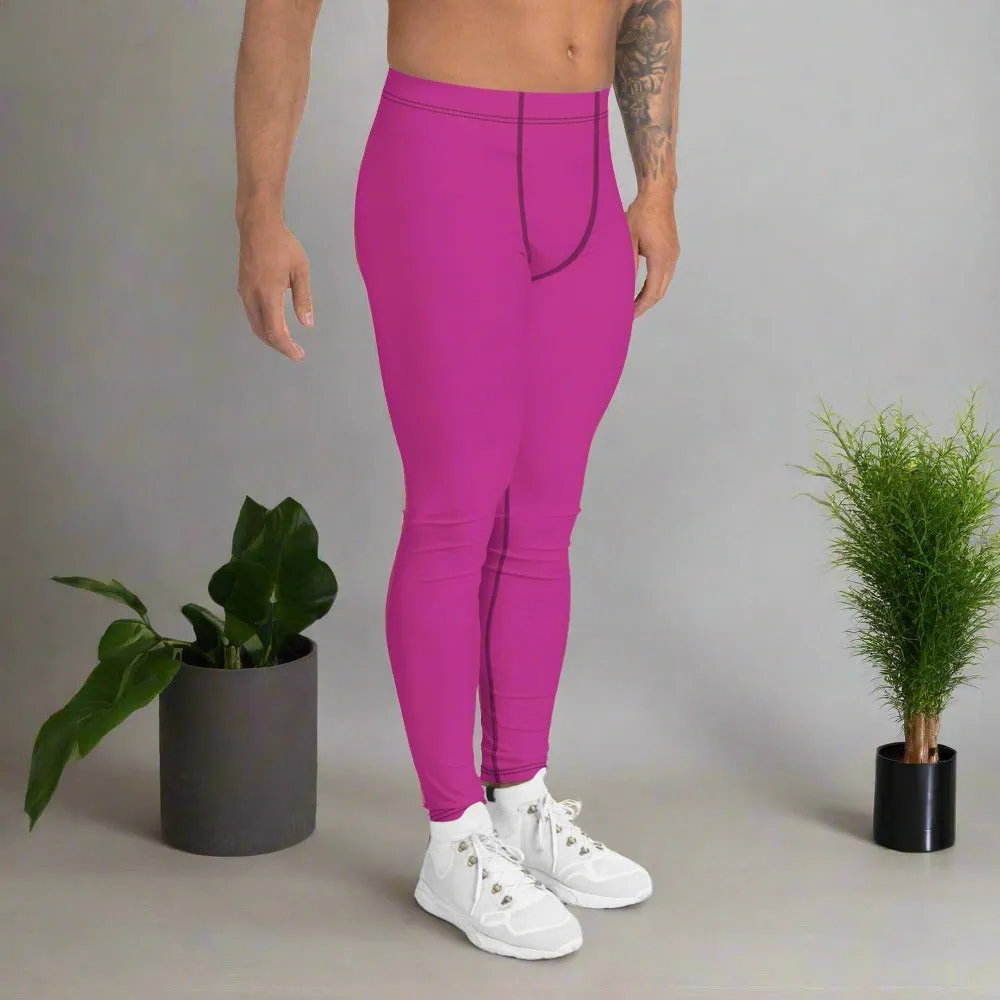 Hot Pink Men's Leggings, Modern Minimalist Meggings Compression Tights-Made in USA/MX/EU
