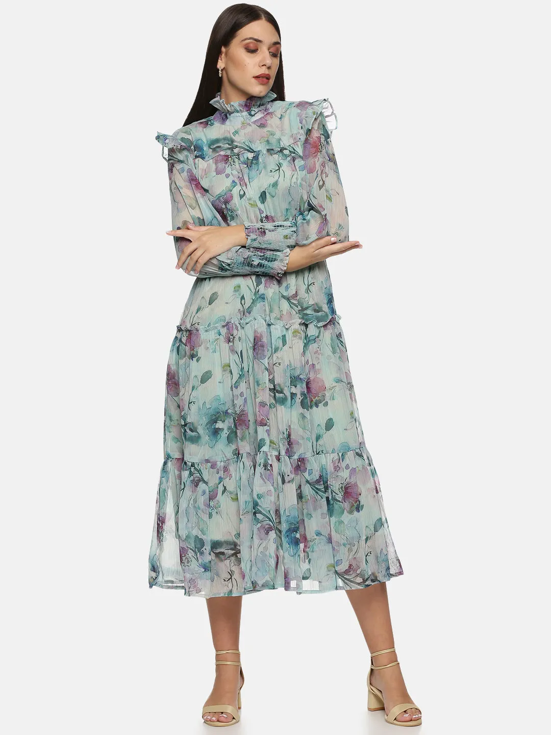 IS.U Green Smocking sleeve Tiered Midaxi Dress
