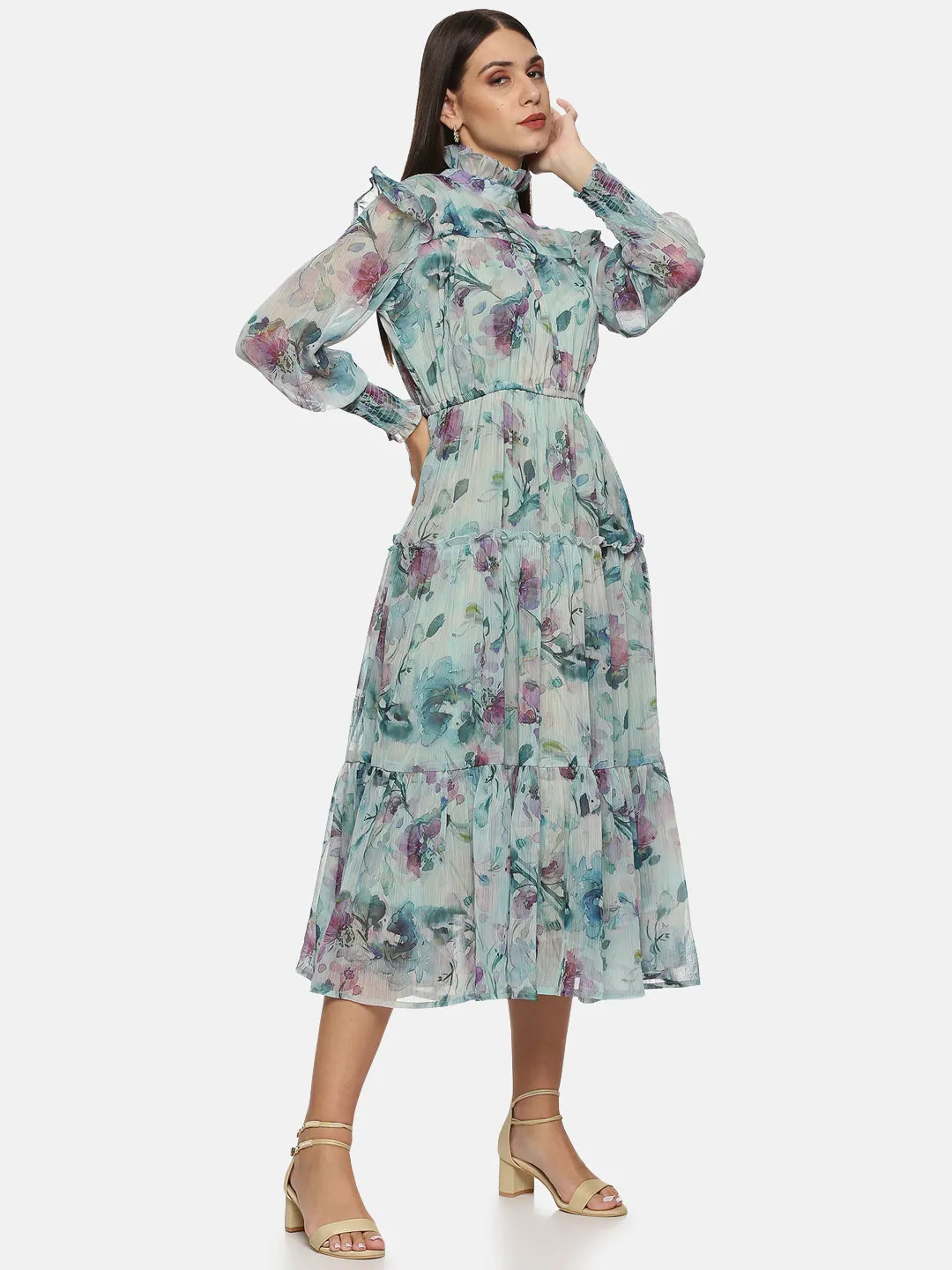 IS.U Green Smocking sleeve Tiered Midaxi Dress