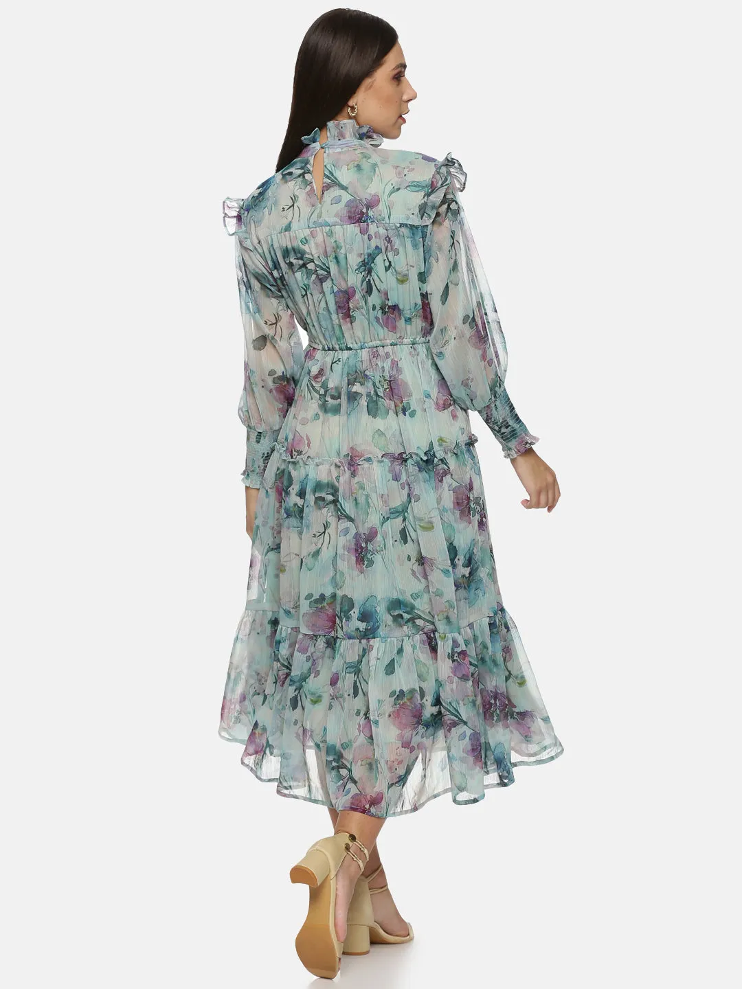 IS.U Green Smocking sleeve Tiered Midaxi Dress
