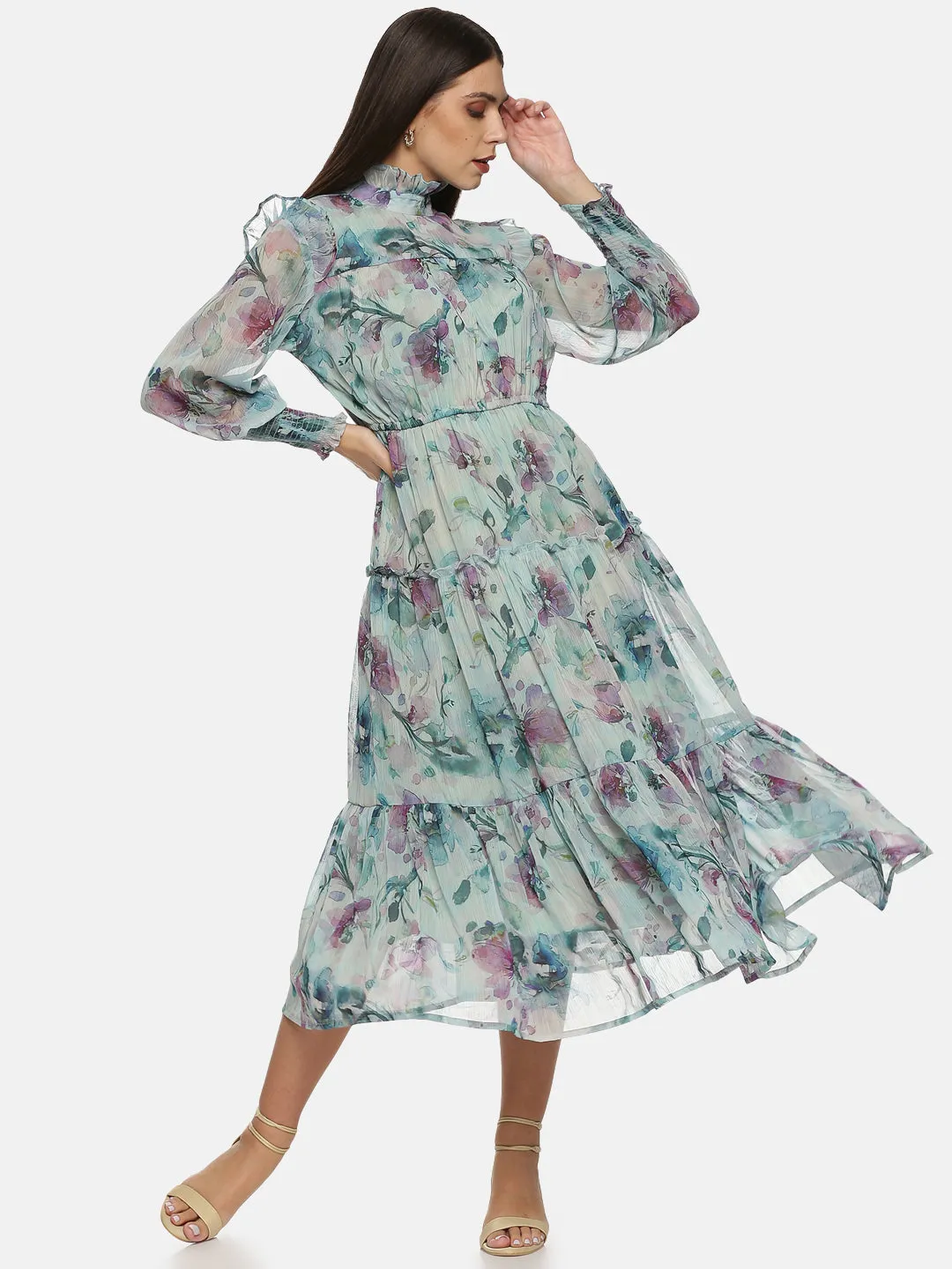 IS.U Green Smocking sleeve Tiered Midaxi Dress