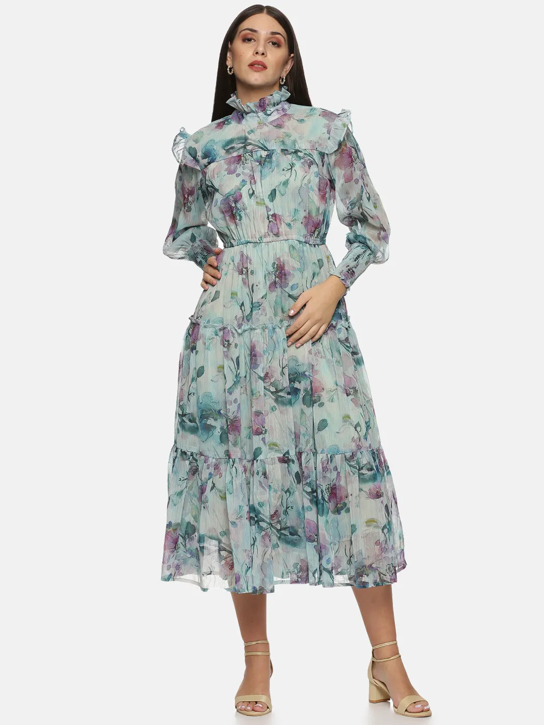 IS.U Green Smocking sleeve Tiered Midaxi Dress