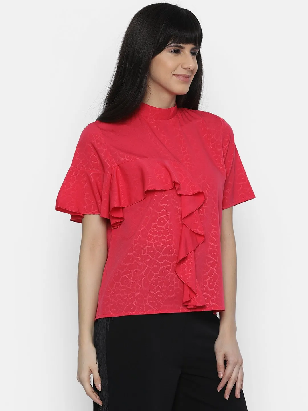 IS.U Pink High Neck Ruffle Top