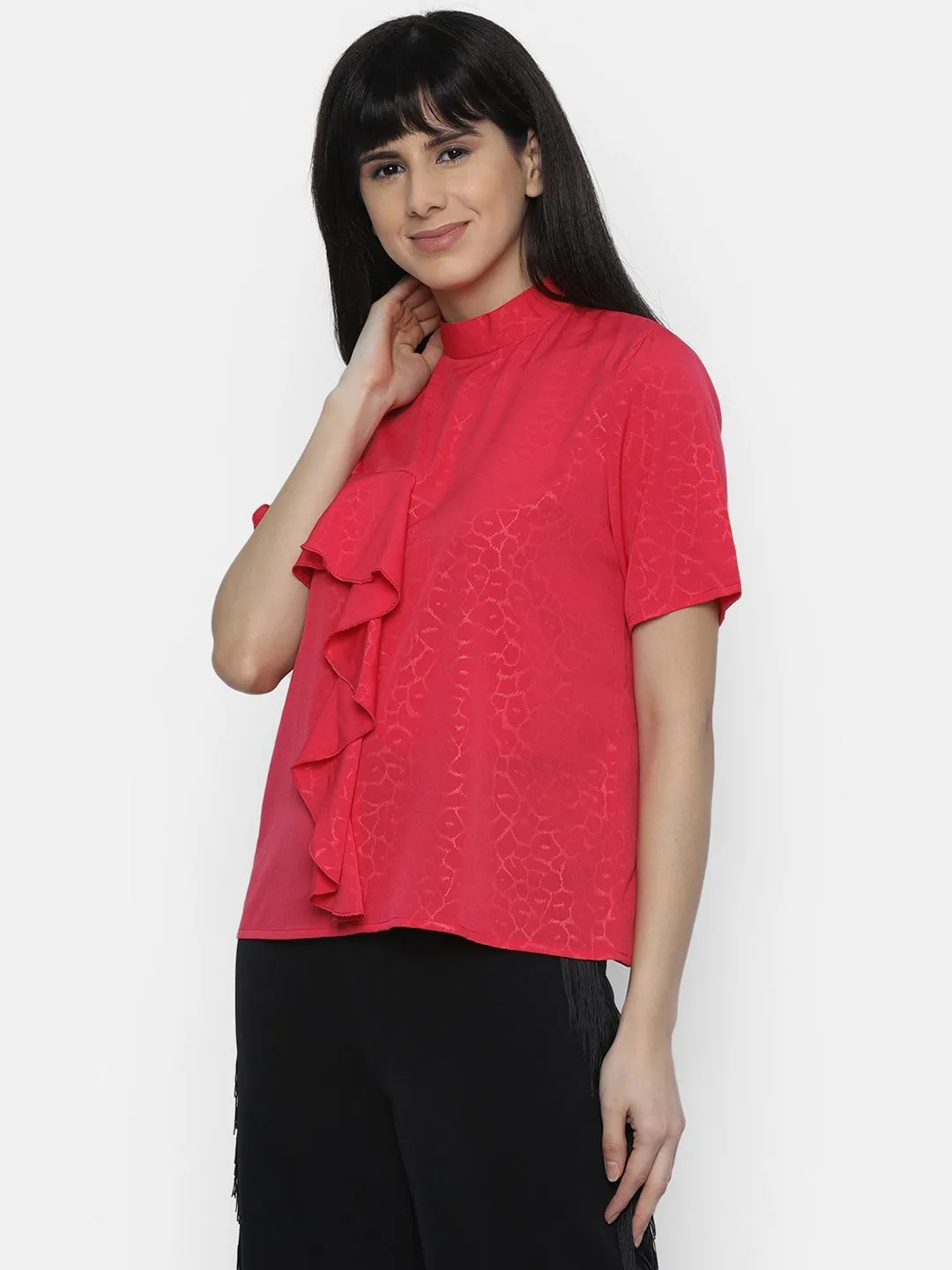 IS.U Pink High Neck Ruffle Top