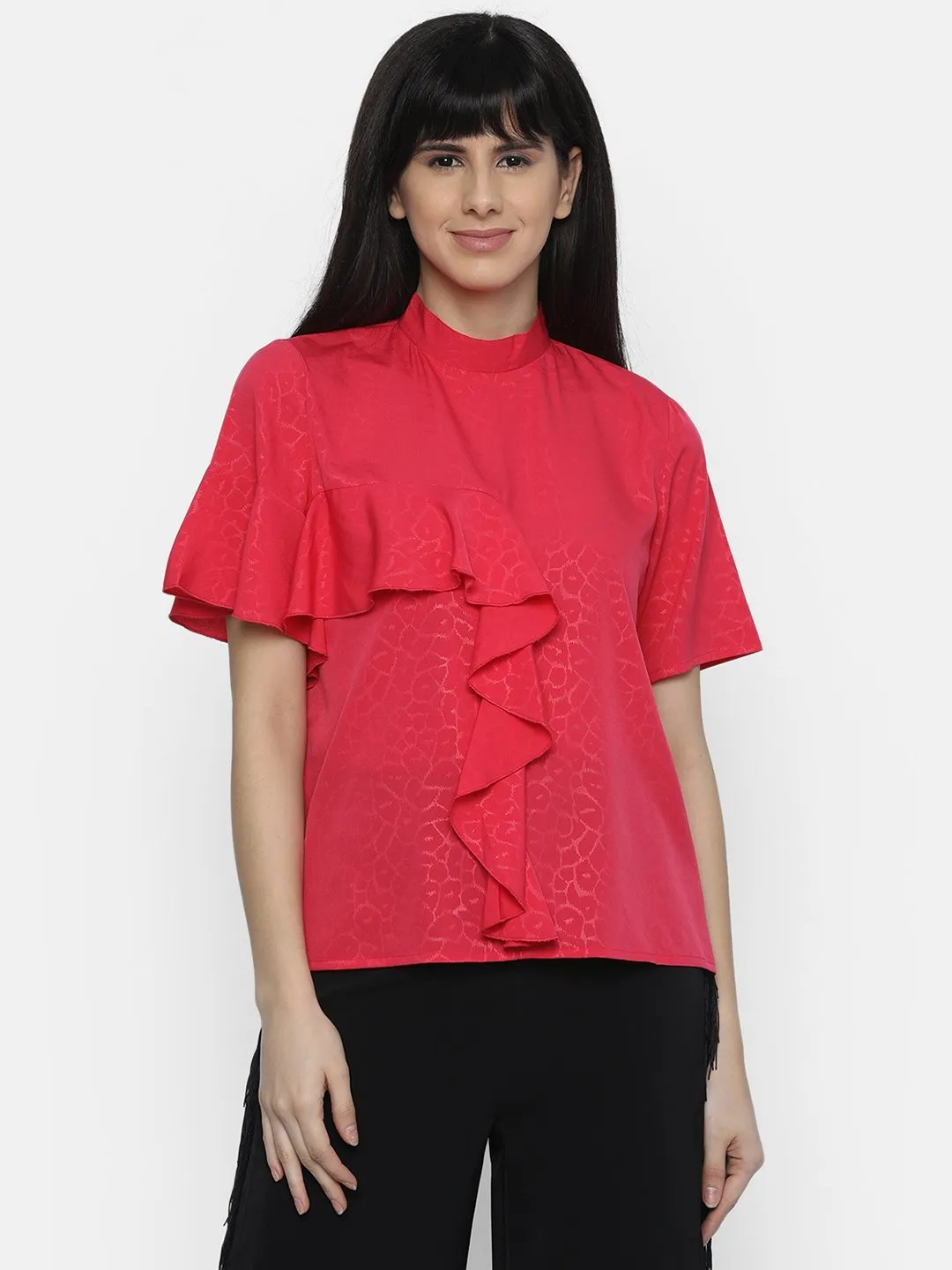 IS.U Pink High Neck Ruffle Top