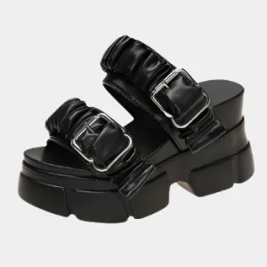 Joskaa 2024 New Black Chunky Women's Sandals Leather