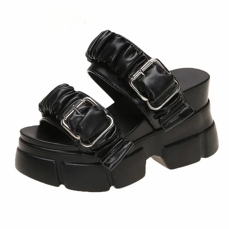 Joskaa 2024 New Black Chunky Women's Sandals Leather