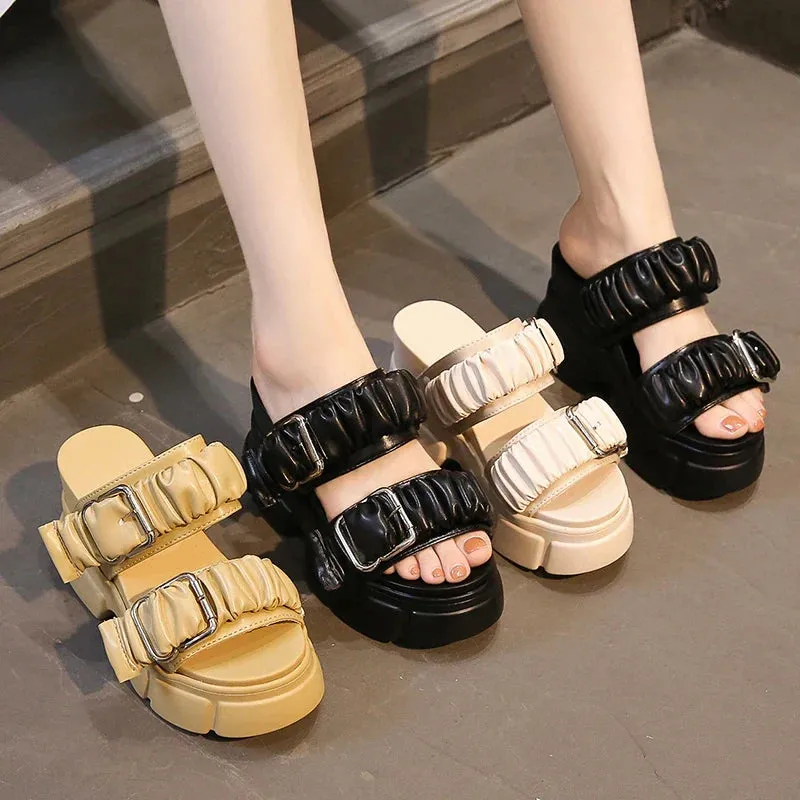 Joskaa 2024 New Black Chunky Women's Sandals Leather