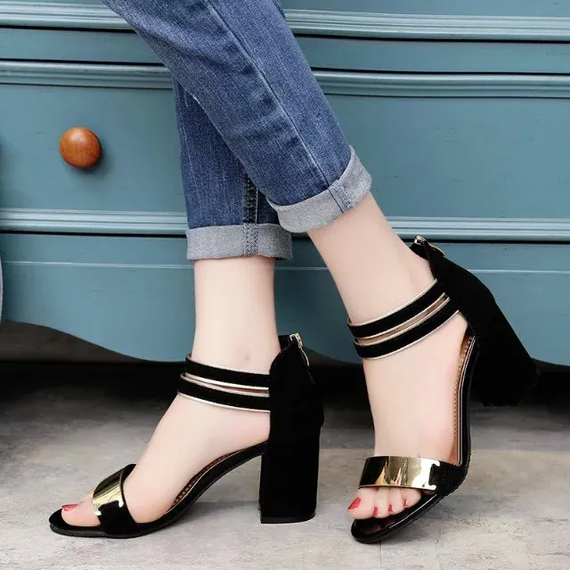 Ladies Ankle-Wrap Shoes Summer Gladiator Sandals Women Square Heel Party Wedding Bling
