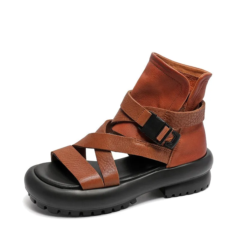 Leather Chunky Gladiator Sandals Boots Peep Toe in Black/Brown