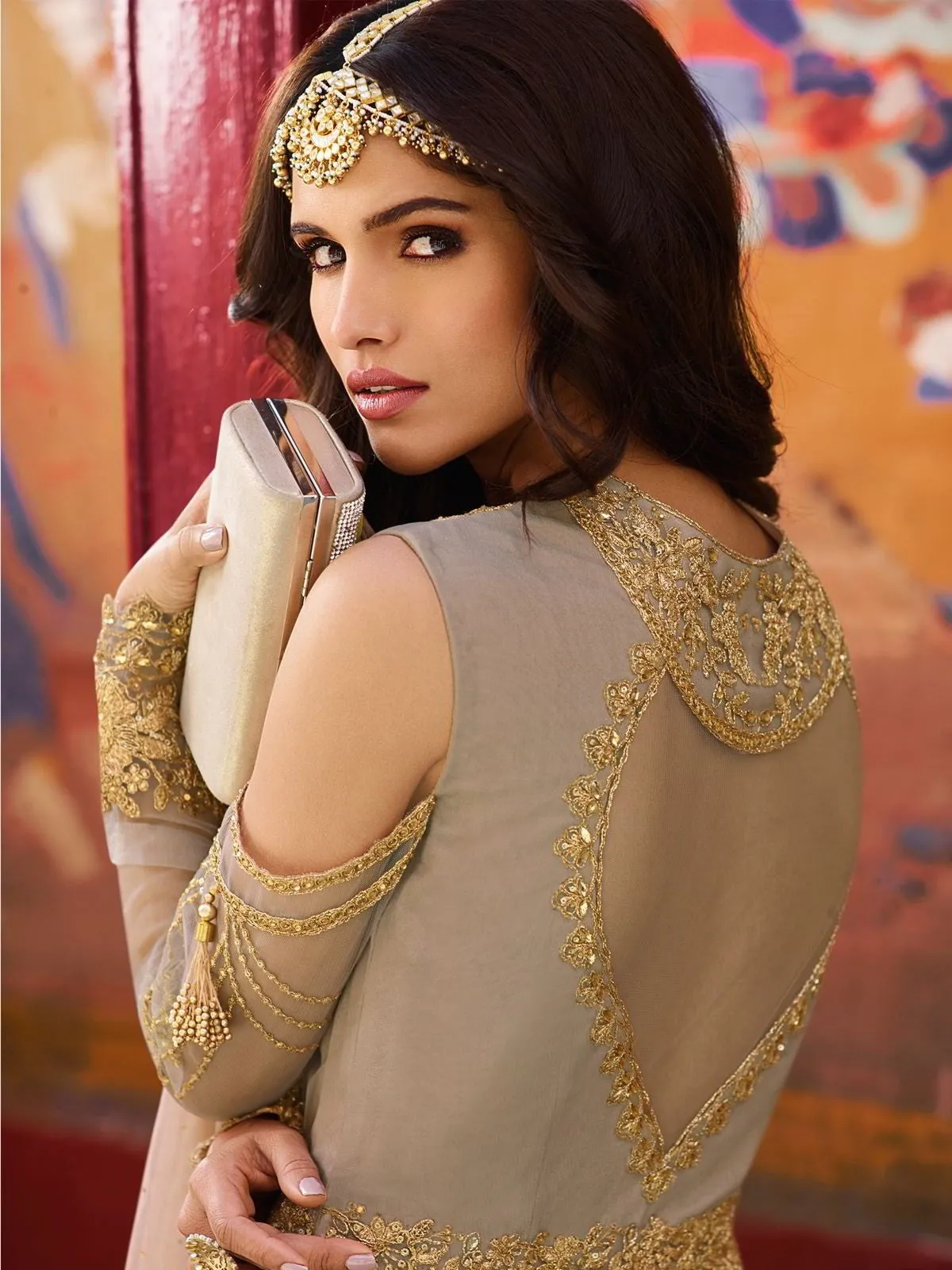 Light Copper Golden Embroidery Designer Anarkali Pant Suit