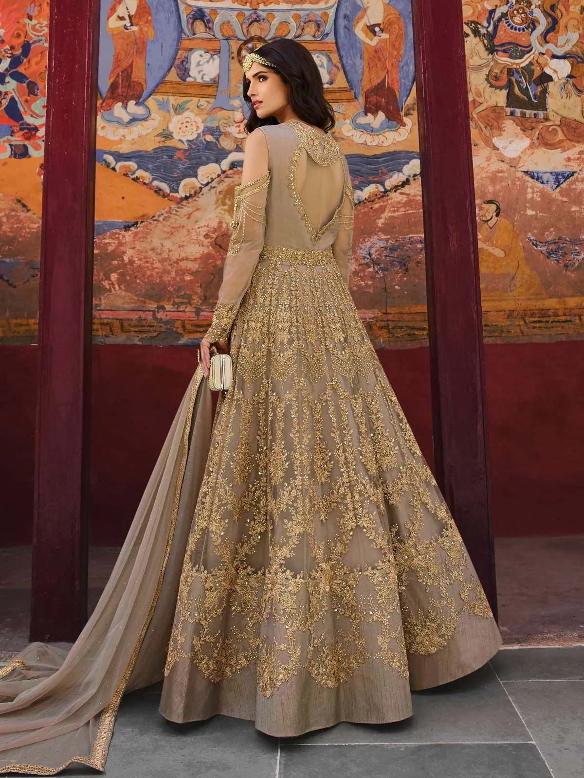 Light Copper Golden Embroidery Designer Anarkali Pant Suit