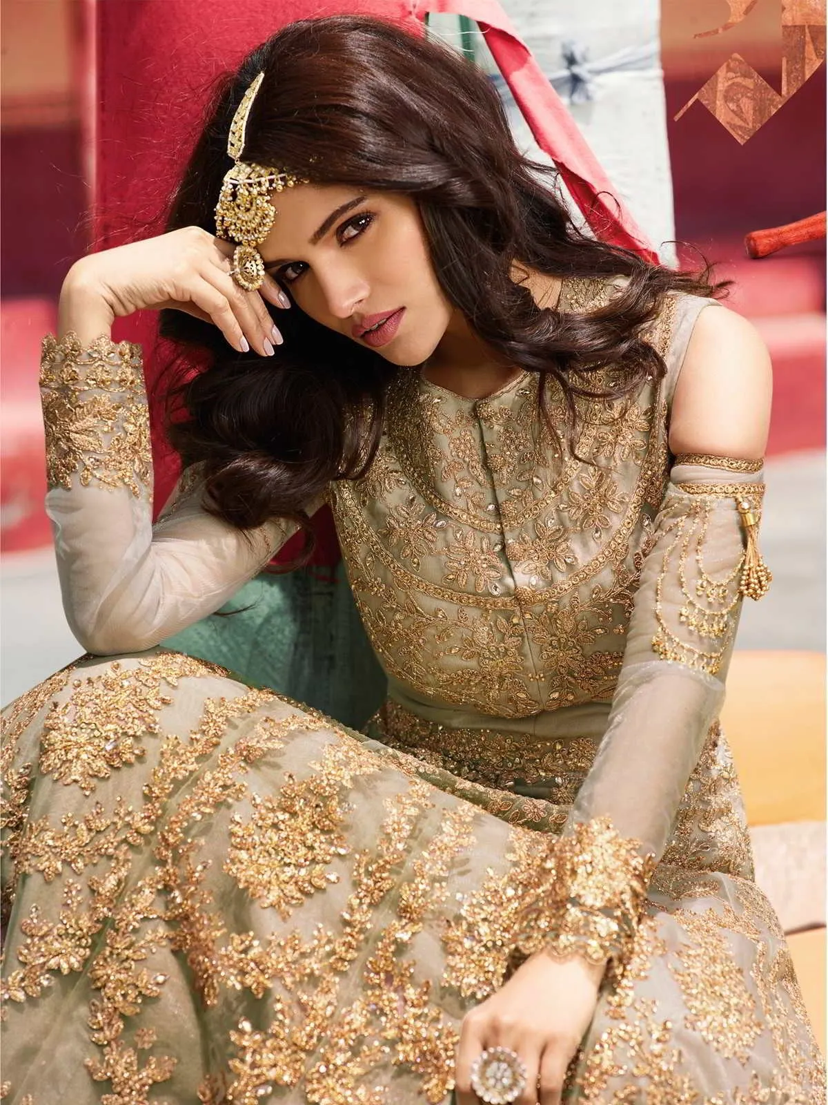 Light Copper Golden Embroidery Designer Anarkali Pant Suit