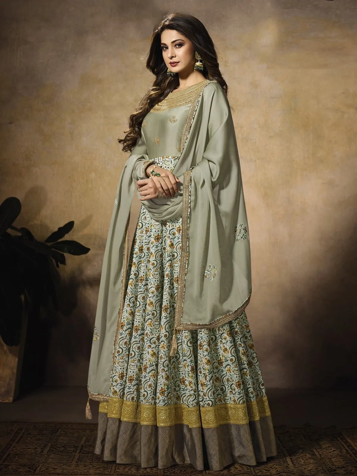 Light Green Embroidered Georgette Anarkali Suit