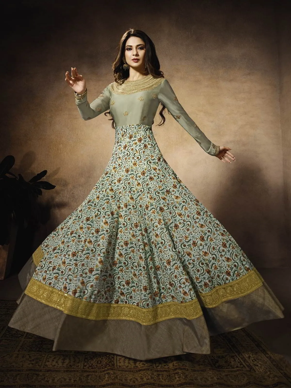Light Green Embroidered Georgette Anarkali Suit