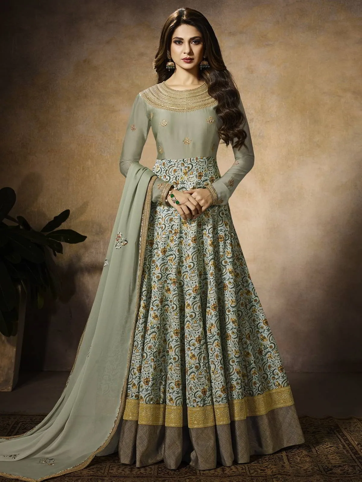 Light Green Embroidered Georgette Anarkali Suit
